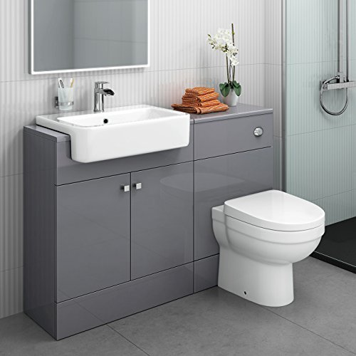 iBathUK Harper 1160 Combination Vanity Unit Furniture Set, Wash Basin Bathroom Sink, WC, BTW Toilet Pan, D Soft Close Seat with Concealed Cistern-Gloss Grey(Flat Pack)