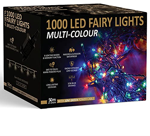 NETTA Christmas Tree Lights Fairy Lights Multi-Colour 1000 LED 50m with 8 Different Modes; for Outdoor & Indoor Use, Xmas Party Decorations - 1000 LED/ 50M Lit-Length