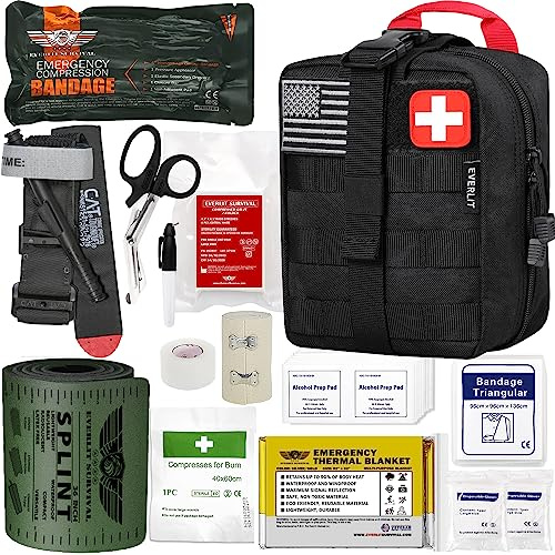 EVERLIT Emergency Trauma Kit, CAT GEN-7 Tourniquet 36 Splint, Military Combat Tactical IFAK for First Aid Response, Critical Wounds, Severe Bleeding Control (Black)