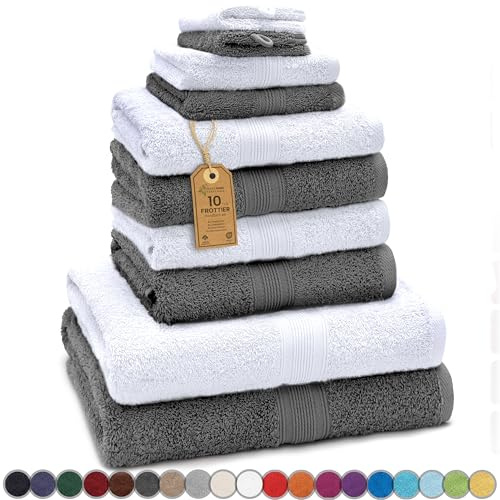 Green Mark Handtuch-Set mit 10 Teilen – 100% Baumwolle – 4 Handtücher 50×100 cm, 2 große Duschtücher 70×140 cm, 2 Gästetücher 30×50 cm und 2 Waschhandschuhe – Anthrazit/Weiss