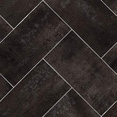247Floors Tile Style Effect Magic Vinyl Flooring Realistic 2.8mm Slip Resistant Foam Backed Lino (Black Herringbone Tiles, 8m x 2m / 26ft 2 x 6ft 6)