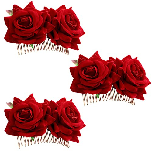 Clyhon 3er Pack Rose Blume Haarspange Damen Rose Blume Haarschmuck Hochzeit Haarspange Flamenco Tänzerin Haarschmuck Rot