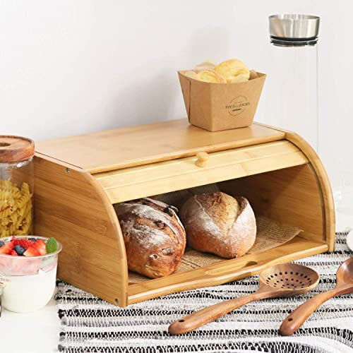 Unibos Bread Bin Natural Bamboo Bread Bins for Kitchen, Bread Storage Containers, Countertop Roll Top Lid Breadbin