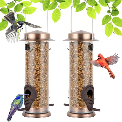 Urban Deco Vogelfutterspender mit 2 Futteröffnungen, Vogelfutterhaus mit 21,5 cm Massivem Transparentrohr, Metall Futterhaus für Vögel (Kupfer-2PK)