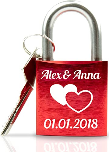 Geschenkfreude Liebesschloss mit Gravur und Schlüssel - rot - Doppelherz | Valentinstagsgeschenk, Liebesschloss mit Gravur, personalisiertes Liebesschloss, Geschenke für Paare, Pärchengeschenk