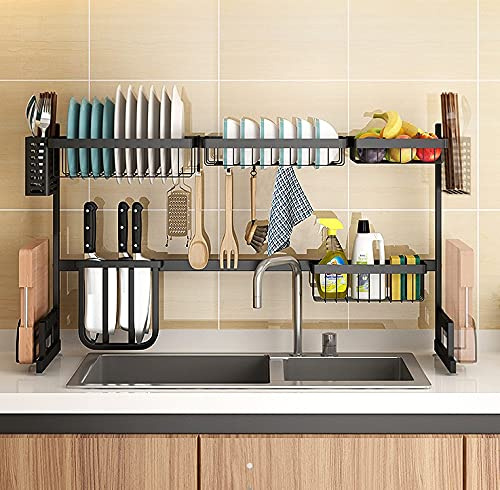 Scolapiatti da Appoggio Sopra il Lavandino, Antiruggine Scolapiatti sul Lavello Mensola Organizer Salvaspazio a 2 livelli con Portautensili, Porta tagliere per Cucina Nero,85x32x52cm (nero)