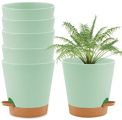 wintfarm Blumentopf,20cm 6er Set Pflanztopf mit Bewässerungssystem, Selbstbewässernder Übertopf mit Untersetzer,pflanzkübel Indoor Plants Pot, Blumentöpfe Set Ideal für Innen und Balkongärten (Grün)