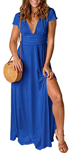 QUNERY Robe Longue Femme Ete Robe de Plage Manches Courtes Robe D'été Casual col en V Taille Haute Robe Cocktail Demoiselle d'honneur Mariage Fête Aniversaire Bleu XL