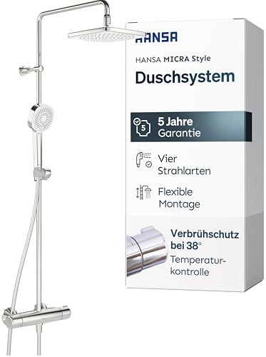 HANSA MICRA Style Duschsystem | Duscharmatur Komplettset aus Thermostat, schwenkbarer Regendusche, Duschkopf mit Schlauch und wasserführender Duschstange | Kopfbrause & Handbrause dreistrahlig | Chrom