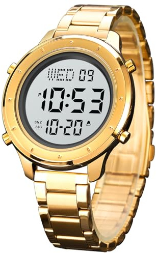 zolohoni Montre numérique pour homme en cuir avec LED minimaliste et chronomètre étanche en acier inoxydable, Acier doré, Bracelet