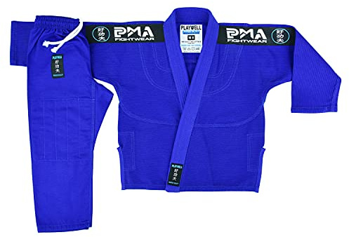 Playwell Pro Kids BJJ GI Jiu Jitsu Uniform Suit (Comes with Free Childrens Ju Jitsu White Belt) - Blue (M2)