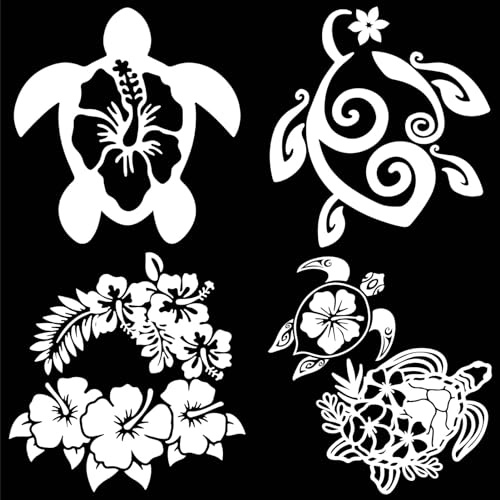 GORGECRAFT 4 Stile Hibiskus Und Schildkröten-Seiten-Autoaufkleber Laserreflektierend Autoaufkleber Wasserfest Vinyl Automobil-Außendekoration Blumen-Schildkrötenpanzer-Aufkleber Für SUV LKW Motorrad