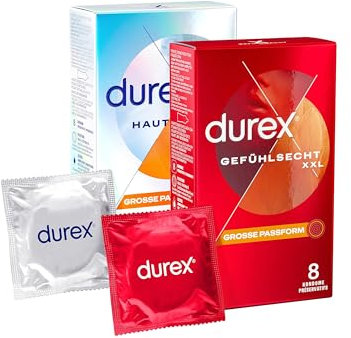 Durex XXL Kondome Mixpackung - Gefühlsecht Kondome mit großer Passform & Hautnah Kondome mit großer anatomischer Easy-On-Form - mit Silikongleitgel befeuchtet - 16 Stück (2 x 8 Stück)