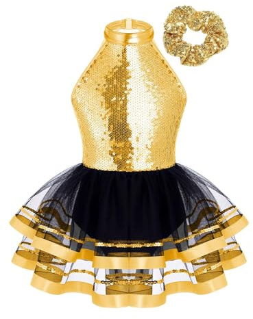 iEFiEL Vestito Danza Classica Bambina Tutu Abito Lucido da Balletto Ballerina con Copricapo Abiti da Pattinaggio per Ragazza Abito da Ballo Salsa Rumba Jazz Dancewear Oro 7-8 Anni