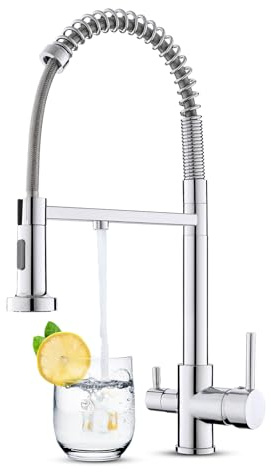 KEOKBON 3 Way Kitchen Tap with Spray, 360° Swivel Spring Three Way Tap with Filtered Water Outlet, 3 in 1 Kitchen Sink Water Mixer with Pull Out Sprayer, Triflow Faucet with 2 Handles, Chrom