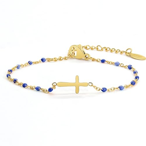 HMOOY Kreuz Perlen Armband, Personalisierte Partner Paar Armband Kommunion Kreuz Konfirmation Geschenke Christliche Armbänder Einstellbare Damen Armband Geschenke