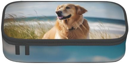 ULKMFFCF Golden Retriever am Strand bedrucktes Federmäppchen mit Fächern, großes Fassungsvermögen, Stifteetui, Tasche, Halter, Make-up-Tasche für Schule, Büro, Reisen, Schwarz , Einheitsgröße,