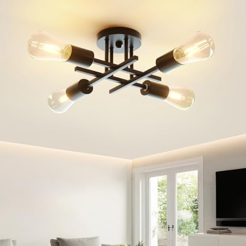 Kuwork Deckenleuchte Vintage, 4 Flammig Deckenlampe Schwarz E27, Sputnik Kronleuchter, Wohnzimmerlampe für Wohnzimmer Esszimmer Schlafzimmer Küche