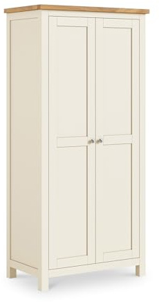 RoselandFurniture Farro Cream Double Full Hanging Wardrobe with Oak Top | Contemporary Painted Solid Wooden 2 Door Gents Closet Unit for Bedroom with Hanging Rail