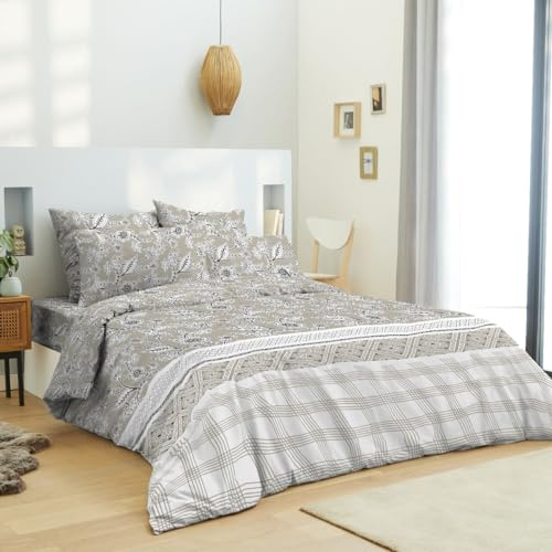univers decor Pack Complet Housse de Couette réversible pour lit 140 x 190 cm (Floral Taupe, Pack 6 pièces 240 x 220 lit 140)