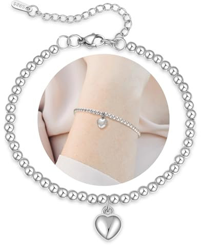VEEDOFA Silver Bracelet for Women - Hypoallergenic 925 Sterling Silver Bead Heart Charm Bracelet for Friendship with Premium Gift Box Jewellery for Women