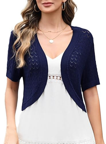 Totatuit Women Bolero Shrugs Summer Ladies Casual Cropped Shrug Short Sleeve Cardigan Crochet Knitted Cropped for Dresses 036-Navy Blue L