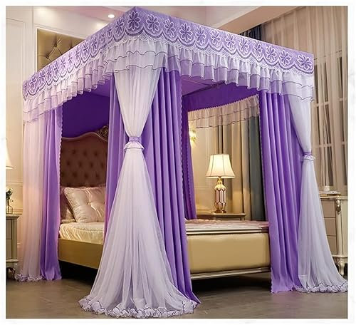 Luxus Betthimmel Premium Schlafzimmer Dekoration 360° Schutz Einzelbett Doppelbett Vorhang mit Edelstahl Montagebügel Lila 150x200x200cm