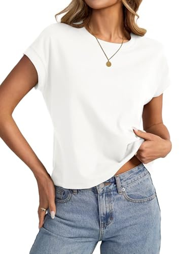 EasyGala Womens Cap Sleeve Crop Tops Cotton T Shirts Crewneck Loose Fit Short Sleeves Tee Summer Fashion Clothes 2025 A-White