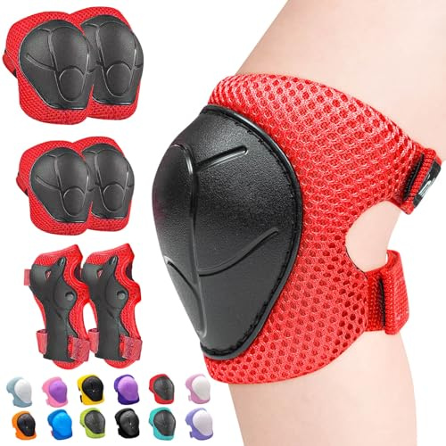 Inkidio Knieschützer für Kinder Schutzausrüstungsset Knieschützer und Ellenbogenschützer-Set mit Handgelenkschutz für Mädchen und Jungen Rollschuhe Roller Radfahren Fahrrad Skateboard (S Red)