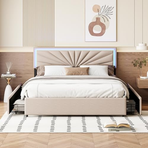 Fofetbfo Cama tapizada 140 x 200 cm con iluminación LED, Cama Doble con 4 cajones y somier de láminas, cabecera Ajustable, Cama para Adultos y Adolescentes, Color Beige (140 x 200 cm)
