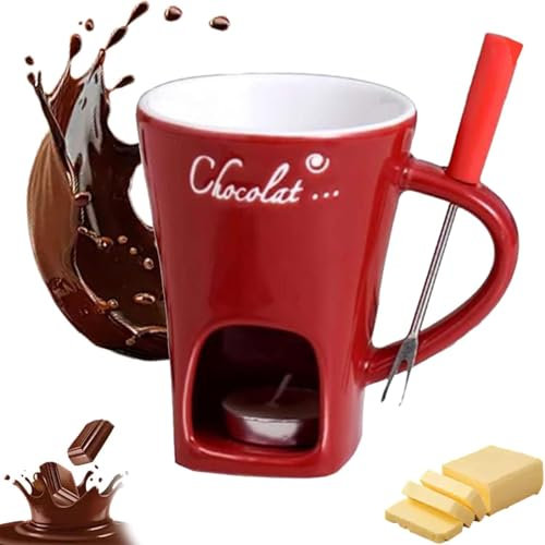 Schokoladenfondue Tasse, Keramik Schokofondue Tasse Set mit Gabel, Schokoladenschmelz Becher, Käsewärmer Becher, Becherwärmer für Süßigkeiten (Red)