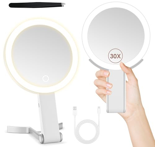 MIYADIVA Make-up Spiegel mit Beleuchtung, 2-seitig (1x/30X Vergrößerung), 3-in-1 (Hand/Tisch/Wand), 3 Lichtfarben, dimmbar – Kosmetikspiegel für Reise, Büro, Schlafzimmer, Geschenk für Frauen Weiß