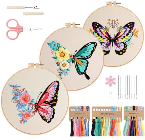 VynyQoo 3pcs Schmetterling Sticken Set Erwachsene, Stickset für Anfänger, Embroidery Kit mit Kunststoff Stickrahmen, Stickerei Starter Set mit 3 Schmetterlingsmuster Video Anleitung für DIY Handwerk