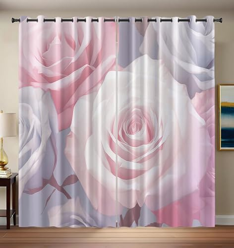 Elegant Flowers Petals Blackout Curtains for Bedroom, Pink Rose Aesthetic Room Darkening Light Gray Eyelet Thermal Insulated Window Curtains 66x72 Inch (Width x Length) Set 2 Panels