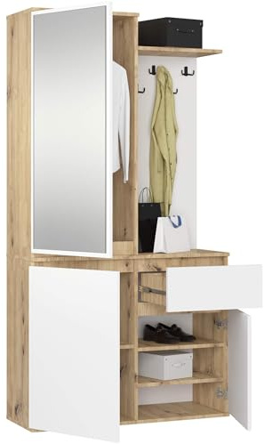 AKORD Garderoben-Set ENTRO Schwarz 95 cm - Kompaktgarderobe Schmaler Flur - 3 Türen, 1 Schublade - 7 Regalböden - Flurgarderoben Set Modern - Flur Möbel Set, Industrial Stil - Artisan-Eiche & Weiß