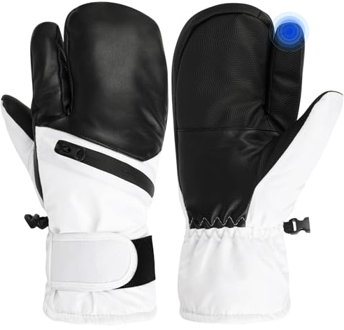 QKURT Ski Gloves, Snow Waterproof Windproof Mittens Winter Snowboard Mittens for Hiking Cycling Outdoor Activitives Men Women Touchscreen Leather Gloves with Zipper for Storing Small Items