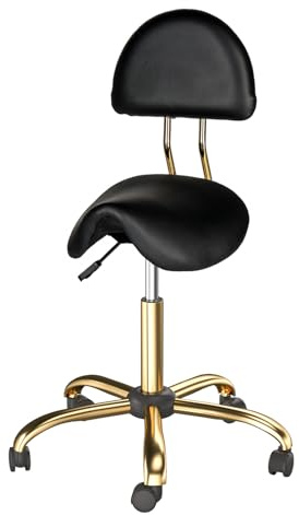 Bonnlo Saddle Stool with Wheels - Height Adjustable Swivel Stool with Backrest - for Salon Massage Home Kitchen Clinic, Weight Capacity 400lbs, Black, Golden