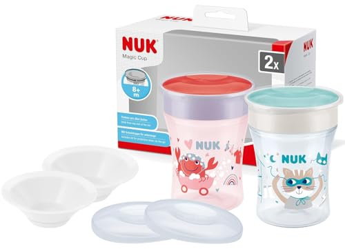 NUK Magic Cup 2er Set – Krabbe & Katze, 230ml + 2 Ersatzdeckel & 2 Trinktüllen – BPA-frei, auslaufsicherer Trinklernbecher ab 8 Monate