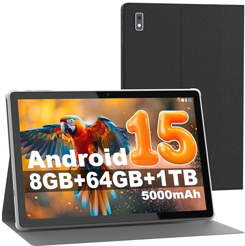 Byybuo 10.1 inch Android 15 Tablet With Case, 8GB RAM + 64GB ROM + 1TB TF Expand, 5MP+8MP Camera, WiFi 6, BT5.4, 1280 * 800 IPS, 5000mAh, Dual Speakers, SmartPad android tablets, Gray