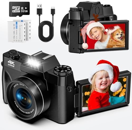 Digitalkamera 4K 56MP Fotokamera mit 180° Flip 3.0 Bildschirm Autofokus Kompaktkamera mit 32G SD Karte& Zwei 1500mAh Batterien für Kinder Ältere Anfänger (Schwarz)