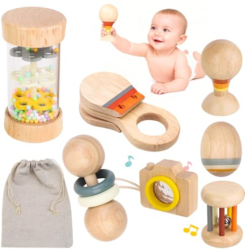 Sonajeros Bebé Montessori de Madera 7 Piezas – Juguetes Sensoriales 0+ con Palo de Lluvia y Sonajeros Variados – Regalo para Recién Nacidos