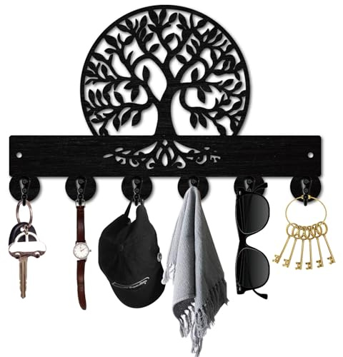PRESSINART Porte Clés Arbre De Vie Noir Support Murale 11.8 x 7.5 Pouces Thème Botanique Organisateur Porte Clés en Bois avec 6 Crochets pour Chambre Salon Accroche Sacs Manteaux Cadeau