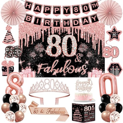 80th Birthday Decorations for Women, Rose Gold 80th Birthday Party Kits | 32pcs Happy 80 Years Old Party Decorations Set, Backdrop, Crown, Sash, Banner, Cake Topper, Balloons, Card, Paper Fans