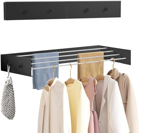 Step Up Tvättställ, 80 cm rostfritt stål utdragbar väggtork med 6 krokar, 50 kg lastkapacitet för inomhus- eller utomhusbruk, balkong, terrass (svart, 60 cm)