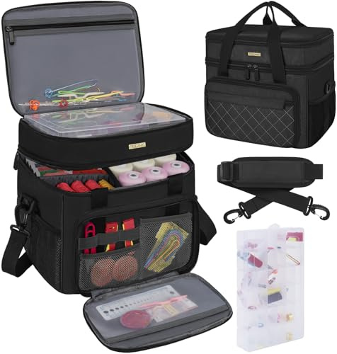 LASUK Double-layer Sewing Accessories Organiser with Removable Tray, Large Capacity Sewing Storage Bag with Shoulder Strap, Travel Storage Case for Stitching Tools, Black (Bag Only)