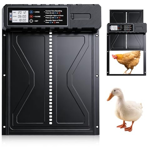 Automatische Hühnerklappe, Elektrische Hühnertür Batterie, Hühnerklappe Automatisch mit Display, Timer, Manuelle, Intelligenter Einklemmschutz, Große Aluminiumlegierung Hühnertür für HüHnerhaus