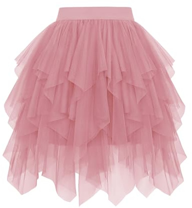 Wikoan Gonna in Tulle da Donna Gonna a Balze Asimmetrica in Tulle Ballo in Maschera Travestimento Costume di Halloween,Rosa Carne,S-M