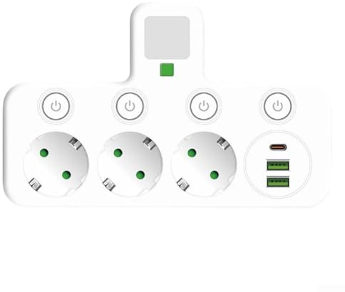 Feeshoppher Adaptador de corriente estándar europeo 1 a 3 con puertos USB, interruptores independientes y luz nocturna, obturador de seguridad 75N, enchufe múltiple ajustable en altura para el hogar y