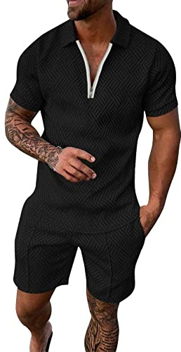 Genérico Conjunto 2 Piezas Hombre Camiseta Manga Corta y Pantalón Corto Verano Lino Casual Playa Transpirable Ligero Ajuste Holgado Tallas Grandes A54