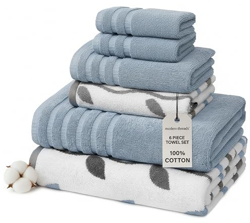 Amrapur Yarn Dyed Organic Vines Jacquard/Solid Ultra Soft 500GSM 100% Combed Cotton Towel Set 6 Toallas teñidas con Hilo vides Azules, Algodón, Sencillo, 40.6 x 25.4 x 12.7 cm, 6